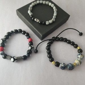 Stretch and Leather Cord Bracelet (Set of 3)